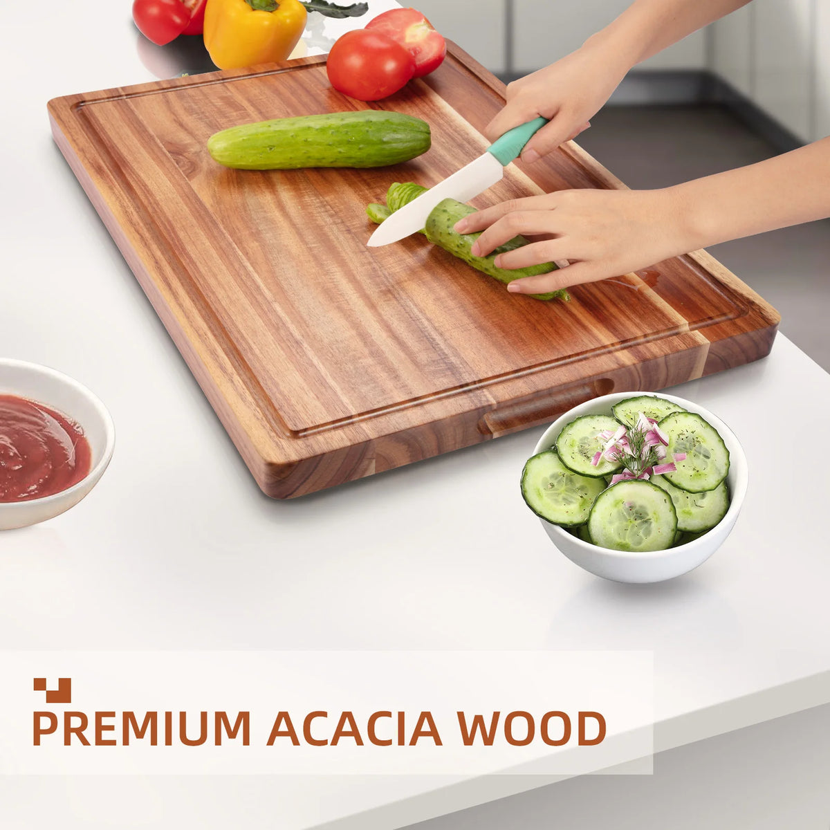 Extra Large Acacia Wood Chopping Board – Thick Reversible Butcher Block with Juice Grooves & Side Handles – Great for Carving & Charcuterie (61 x 45.7cm)
