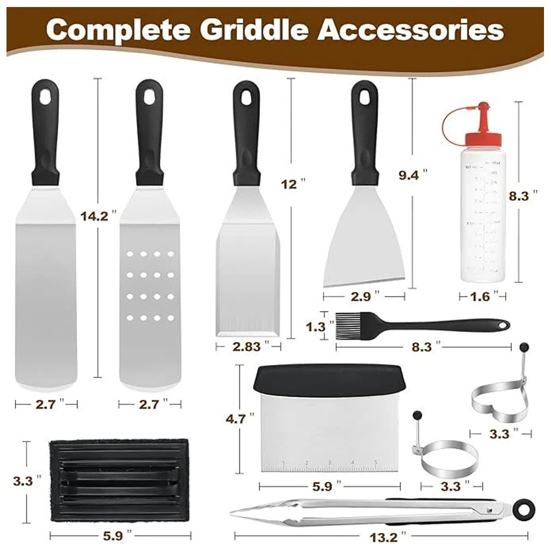 14 Piece Stainless Steel BBQ Tool Set with Storage Bag – Spatulas, Tongs, Basting Brush & Egg Rings – Best for Barbecues, Camping & Garden Grilling
