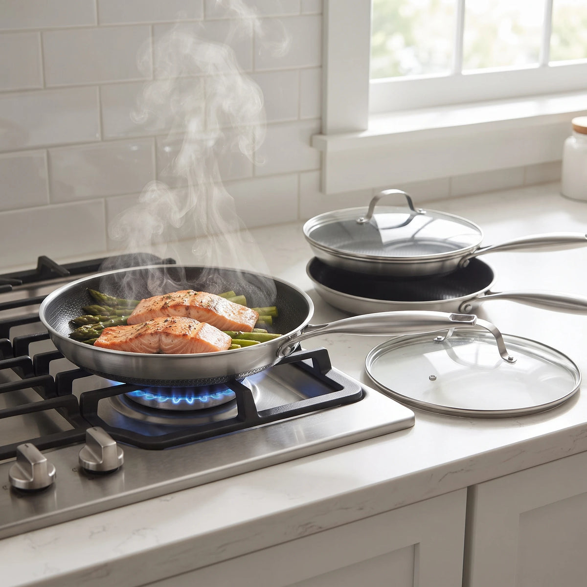 Honeycomb Stainless Steel Non-Stick Frying Pan Set with Lids – 3 Piece 3-Ply Induction Skillets 20cm, 25cm & 28cm – Ideal for Searing, Frying & Everyday Cooking