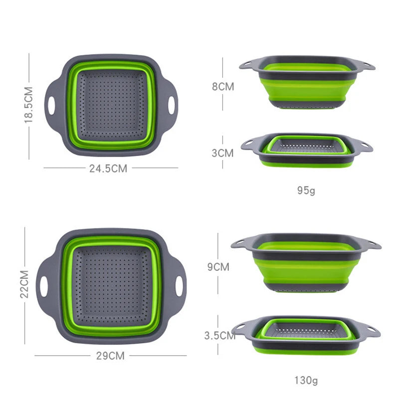 Square Collapsible Silicone Colander – Foldable Food, Fruit & Vegetable Strainer – Great for Draining Pasta & Saving Cupboard Space – Available in Green, Blue, Red & Orange Colours