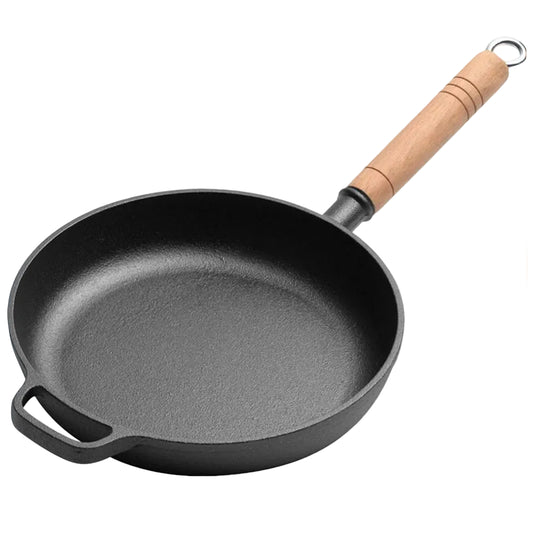 Old-Fashioned Pre-Seasoned Cast Iron Pan with Wooden Handle – Flat-Bottomed Design for Superior Heat Retention & Even Distribution – Uncoated Non-Stick Surface Ideal for Searing, Sautéing, Pan-Frying & Stir-Frying Camping Skillet
