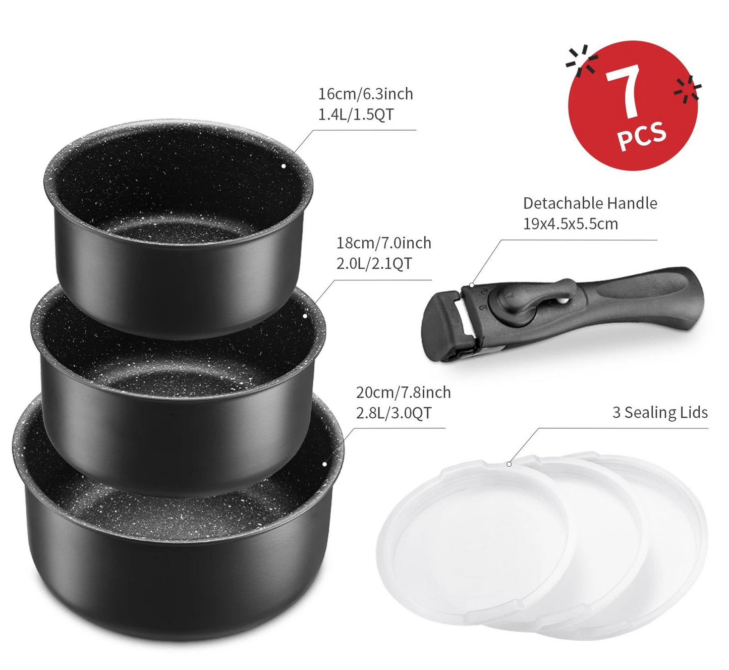 Non-Stick Saucepan Set with Detachable Handle & Fridge-Safe Sealing Lids – Durable PFOA-Free Black Aluminium Cookware for Soup, Sauces, Curries, Boiling, Simmering, Frying & Daily Cooking, Oven Use & Compact Storage