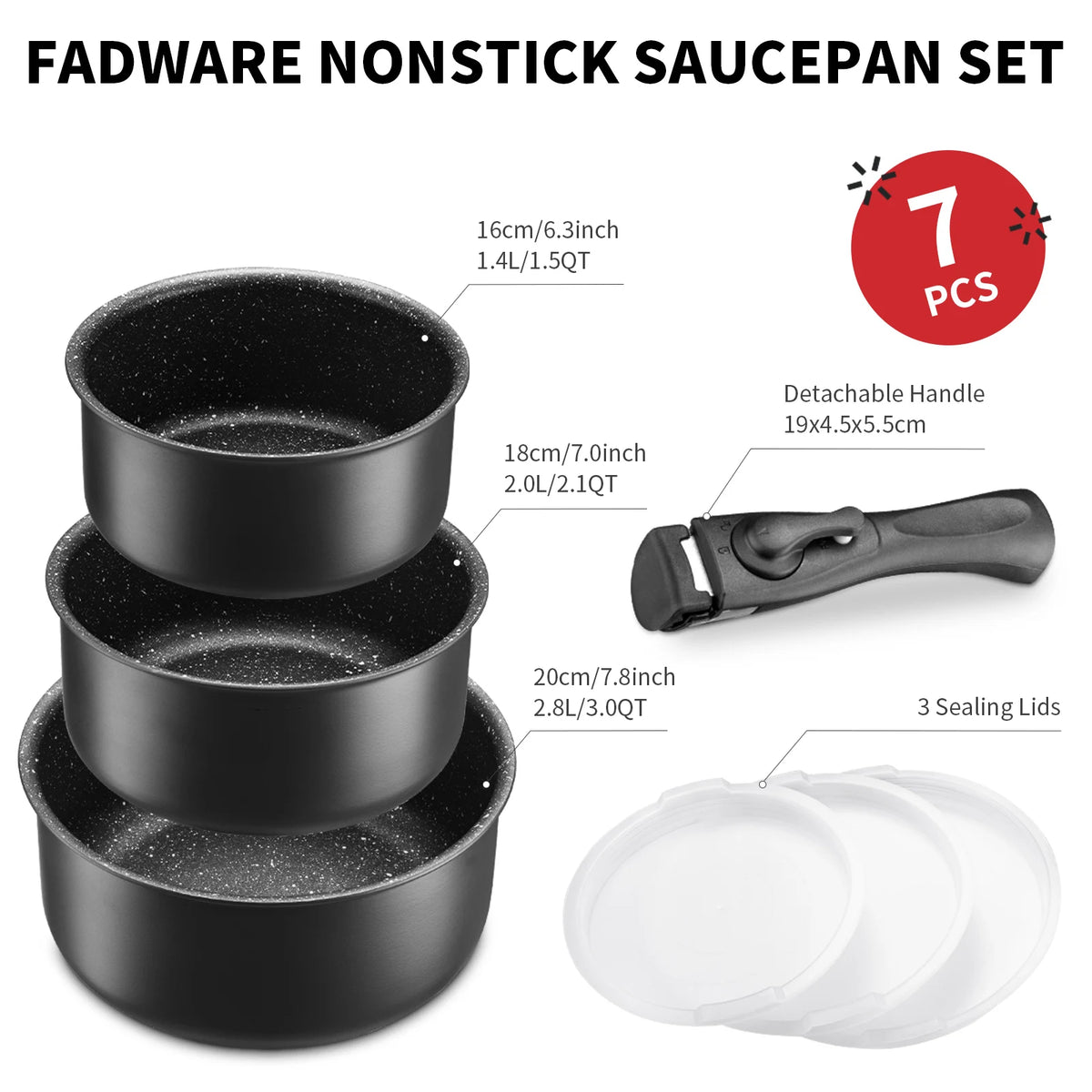 3 Piece Non-Stick Saucepan Set with Removable Handle & Sealing Lids – Stackable Induction Pots 16cm, 18cm & 20cm – Great for Small Kitchens, Caravans & Camping