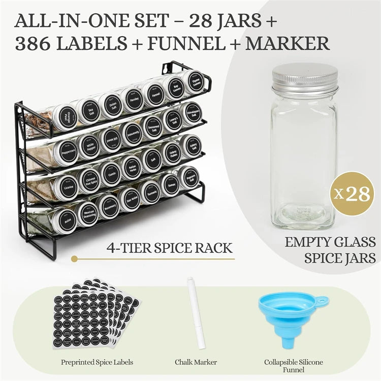 4 Tier Metal Spice Rack Organiser Set – Countertop & Cabinet Seasoning Organiser – Best for Spice Jars & Seasonings – Available as Rack Only or with Spice Jars