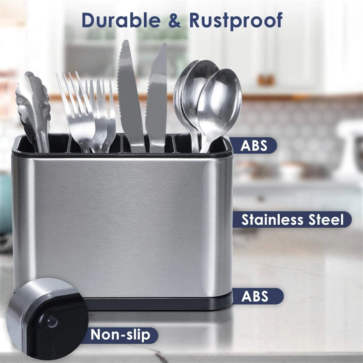 Stainless Steel Cutlery Caddy with 4 Compartments – Utensil Drying Rack & Flatware Holder – Great for Kitchen Worktops & Dining Tables