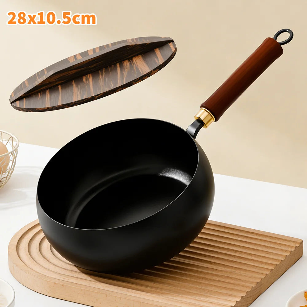 Carbon Steel Wok with Wooden Lid & Beech Wood Handle – Deep Stir-Fry Pan & Soup Pot – Perfect for Stir-Frying, Soups & Everyday Cooking (28cm)
