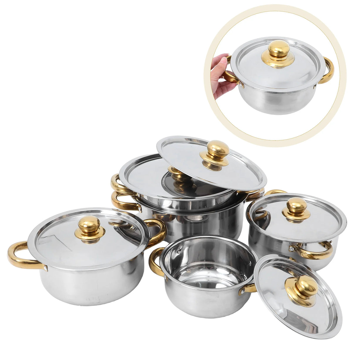 Golden Handle Stainless Steel Cookware Set with Lids – 5 Piece Pots & Saucepan Set – Perfect for Induction, Gas & Oven Cooking