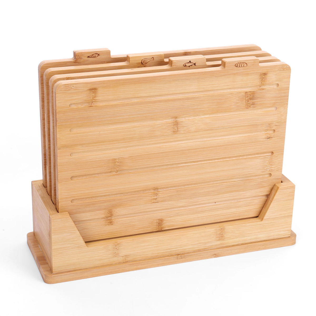 4 Piece Bamboo Chopping Board Set with Holder – Engraved Food Icon Boards with Juice Grooves – Perfect for Food Separation & Meal Prep