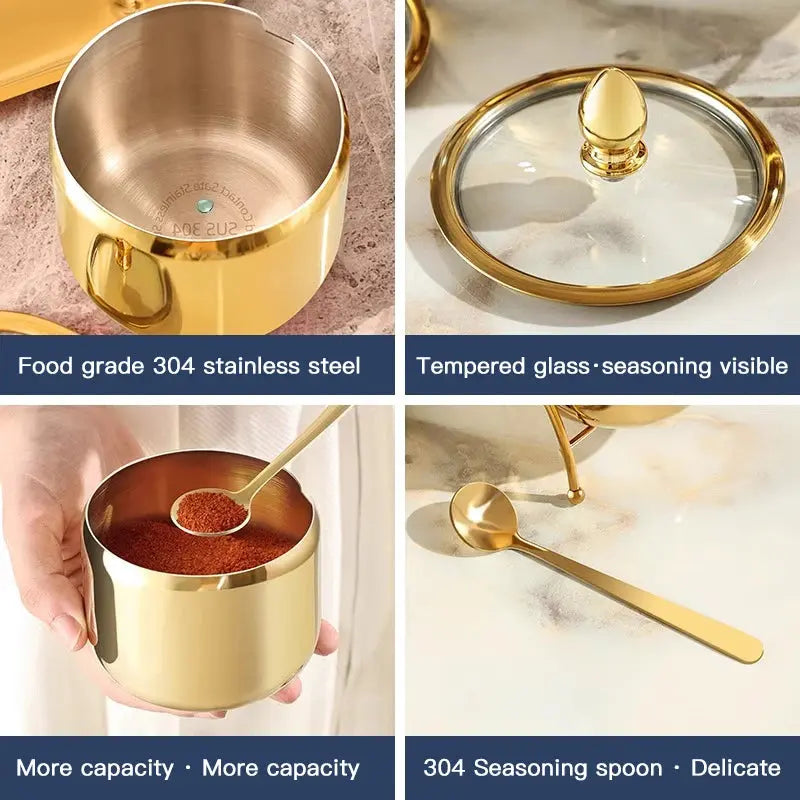 Luxury Golden 304 Stainless Steel Seasoning / Condiment Pot Set with Tempered Glass Lids, Matching Spoons & Storage Rack – Elegant Spice Containers with Food-Grade Coating – Ideal for Salt, Sugar, Spices & Condiments