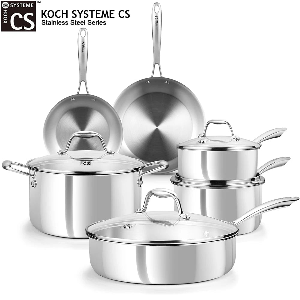10 Piece Tri-Ply Stainless Steel Cookware Set with Lids – Saucepans, Deep Frying Pan, Casserole & Skillets – Best for Induction & Family Cooking