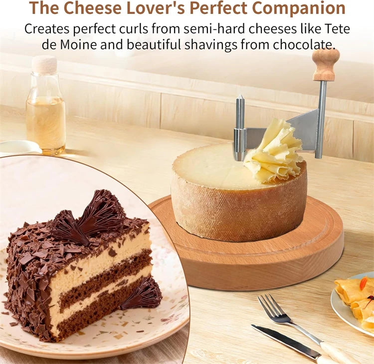 Stainless Steel Cheese Curler Wheel with Wooden Base – Rotary Cheese Shaver & Flower Slicer – Great for Cheese, Chocolate & Butter Curls