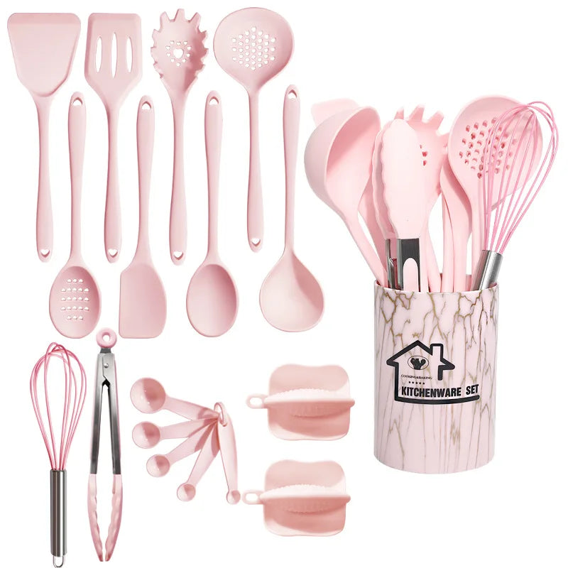18-Piece Silicone Kitchen Utensils Set – Heat-Resistant Spatulas, Spoons, Turners, Brush, Whisk & More – Safe for Non-Stick Cookware & Daily Cooking – Available in Black, White & Pink