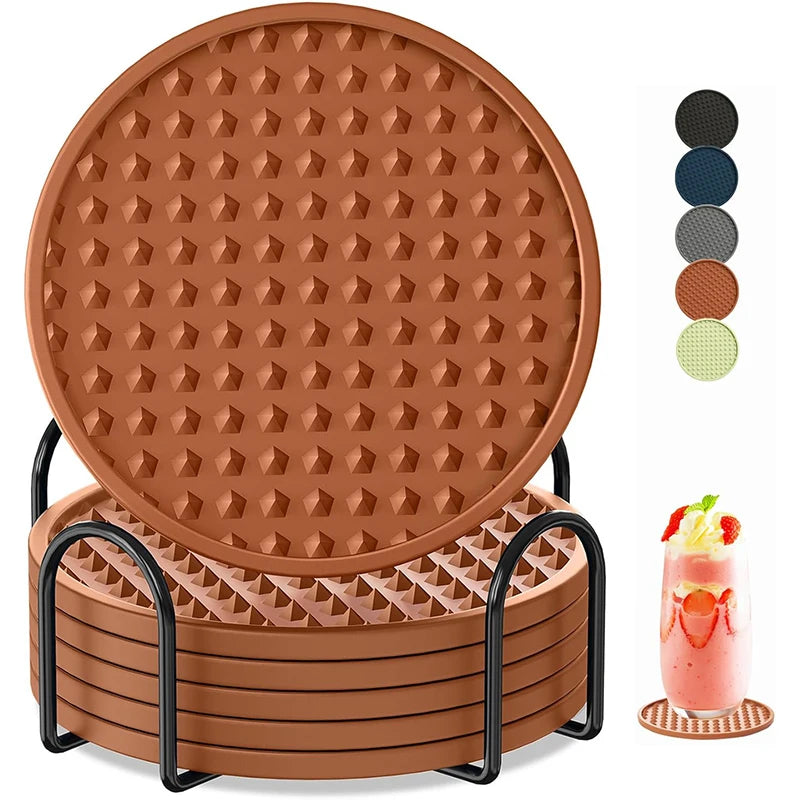 6 Pack Silicone Drink Coasters with Holder – Heat Resistant Non-Slip Cup Mats – Ideal for Protecting Tables & Worktops – Available in Black, Brown, Grey, Green, Blue & Sky Blue Colours
