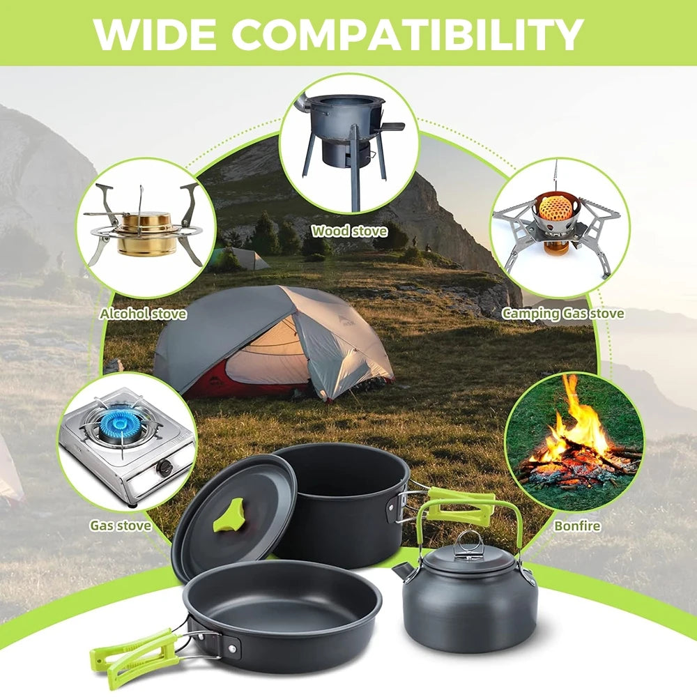 10 Piece Non-Stick Camping Cookware Kit – Aluminium Pot, Frying Pan & Kettle with Folding Handles – Great for Hiking, Picnics & Camping for 1–2 People