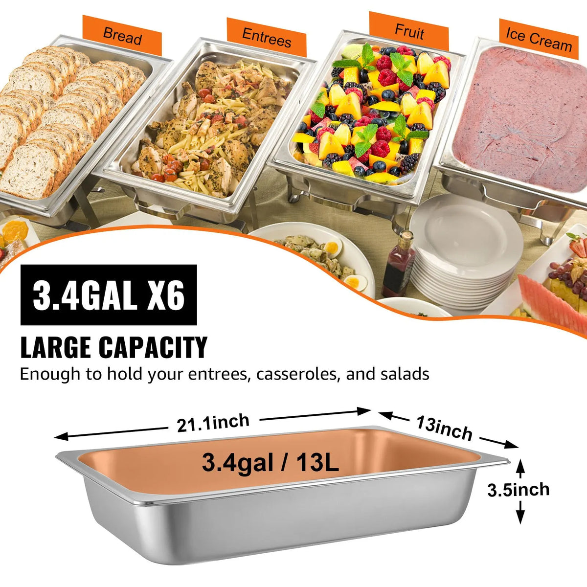6 Pack Full Size Stainless Steel Steam Table Pans – Deep 13L Hotel & Gastronorm Food Pans – Great for Catering, Buffets & Oven Cooking