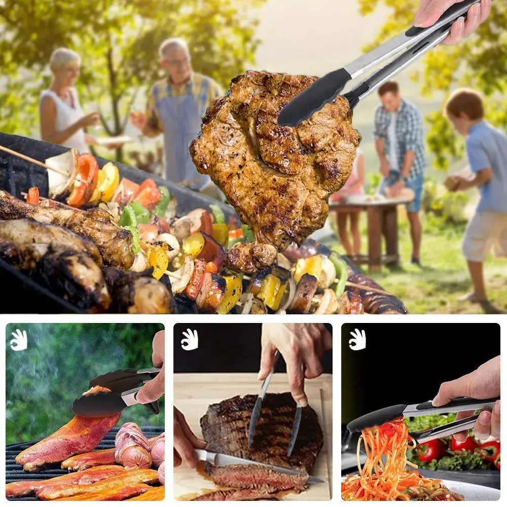 Locking Silicone Kitchen Tongs with Stainless Steel Handles – Non-Stick BBQ & Cooking Tongs – Best for Grilling, Frying & Serving – Available in Black & Red, 9 or 12 Inch