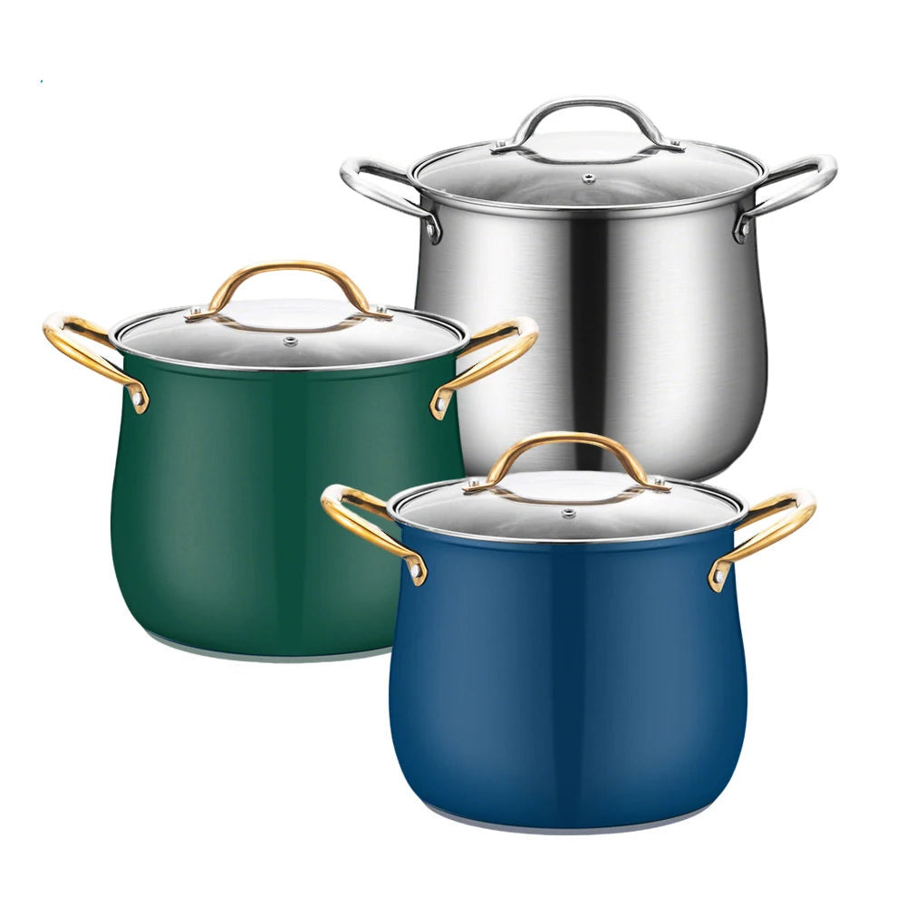 Stainless Steel Stock Pot with Glass Lid & Gold Handles – Thickened Base, Induction Compatible, Great for Soups, Stews, and Everyday Cooking