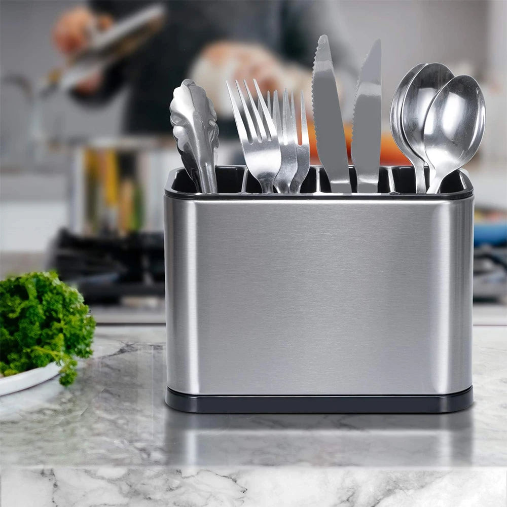 Stainless Steel Cutlery Caddy with 4 Compartments – Utensil Drying Rack & Flatware Holder – Great for Kitchen Worktops & Dining Tables