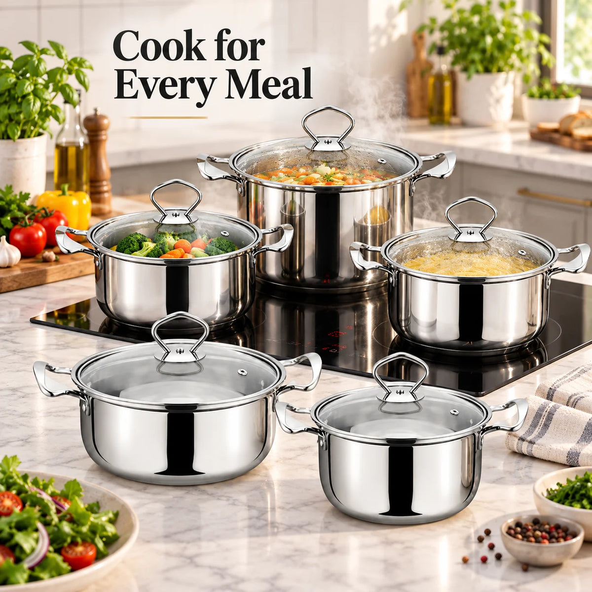 5 Piece Stainless Steel Pot Set with Sealed Glass Lids – Satin-Finish Induction Pots with Inner Scale – Perfect for Soups, Pasta & Vegetables