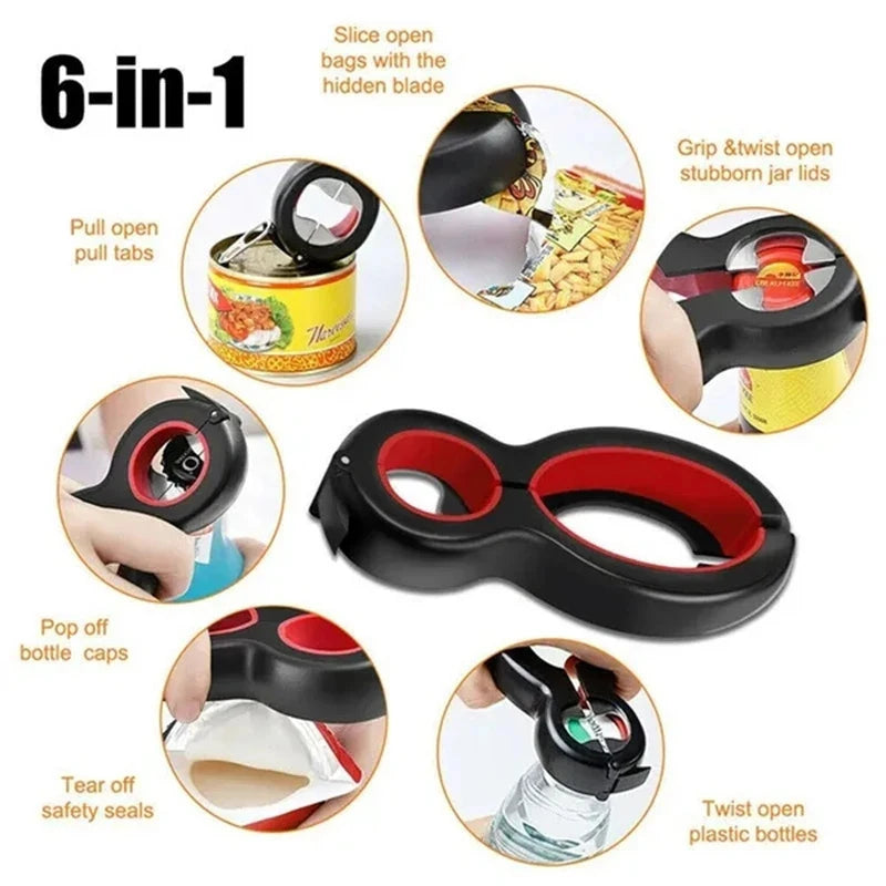 6-in-1 Multi-Function Can, Jar & Bottle Opener – Twist-Off Lid Gripper & Can Tapper – Ideal for Opening Stubborn Jars, Cans & Bottles