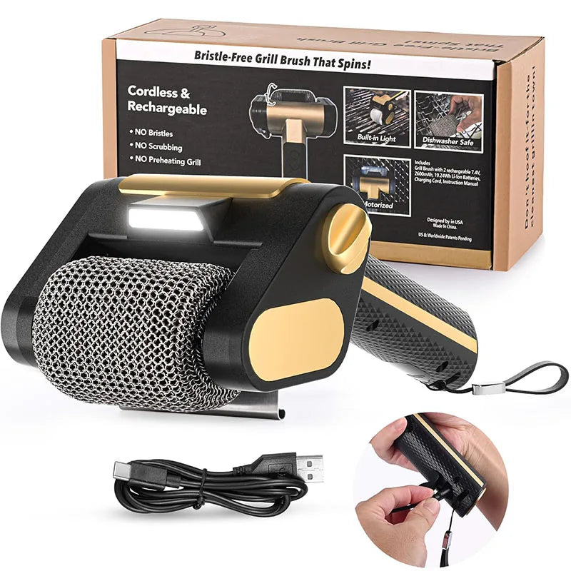 Bristle-Free Spinning Electric Grill Brush – Rechargeable BBQ Cleaner with 350 RPM Stainless Steel Roller – Great for Cleaning Grill Grates