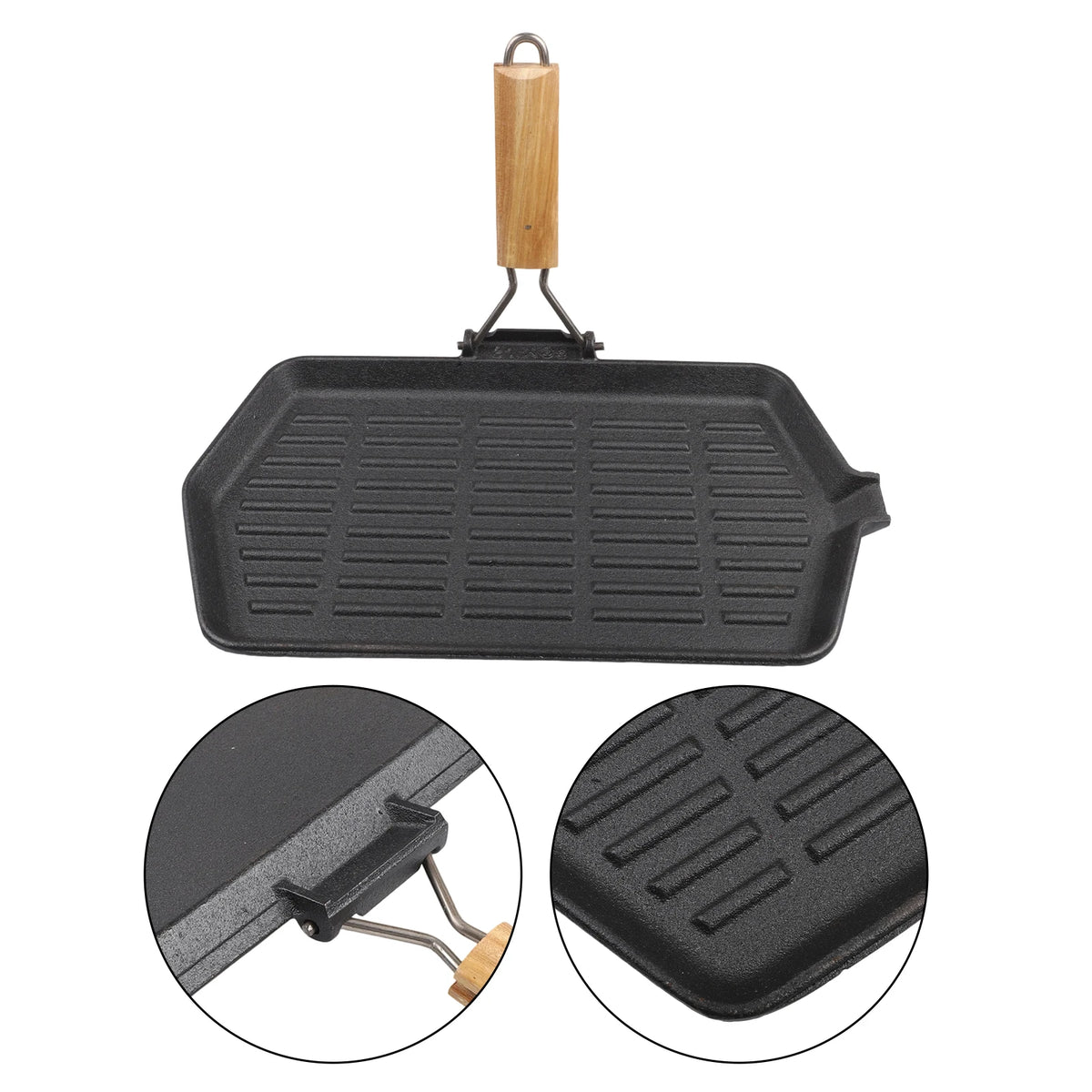 Square Cast Iron Grill Pan with Foldable Wooden Handle – Non-Stick Ridged Griddle Skillet for Indoor & Outdoor Grilling – Ideal for Steaks, Fajitas & Vegetables (21 x 35cm)