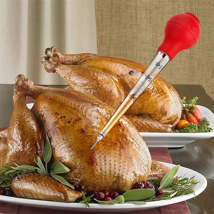 Stainless Steel Turkey Baster with Basting Brush & Injector Needle – Meat Baster Syringe – Great for Roasting Turkey, Chicken & BBQ – Available in Black & Red Colours