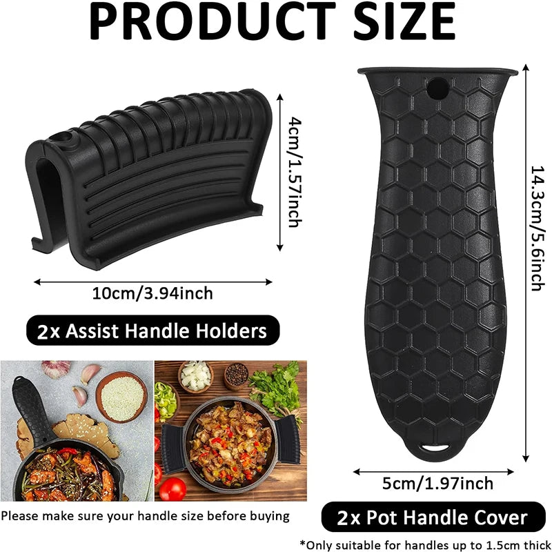 4 Piece Silicone Hot Handle Holder Set – Heat Resistant Pan Handle Covers & Assist Sleeves – Best for Cast Iron Skillets & Hot Pans – Available in Blue, Black & Red Colours