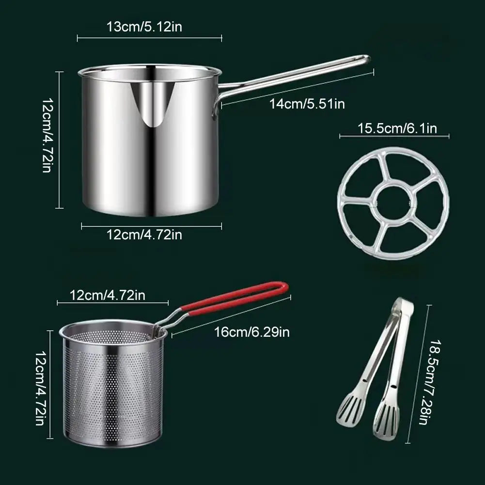 Small Stainless Steel Deep Fryer Pot with Basket, Tongs & Lid – 304 Oil-Saving Chip Pan with Pour Spout – Perfect for Chips, Tempura & Chicken – Available in 4 & 5 Piece Sets
