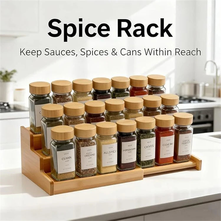 3 Tier Expandable Bamboo Spice Rack – Cabinet Spice Shelf & Seasoning Organiser Stand – Perfect for Kitchen Cupboards & Worktops