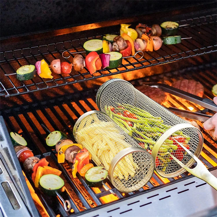 Stainless Steel Rolling BBQ Grill Basket