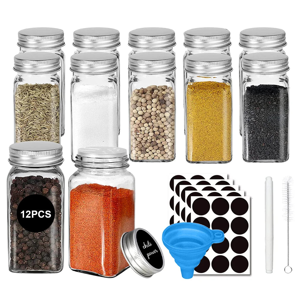 12 Piece Clear Glass Spice Bottle Set – 120ml Seasoning & Salt Jars with Adjustable Shaker Lids – Great for Organised Spice Cupboards