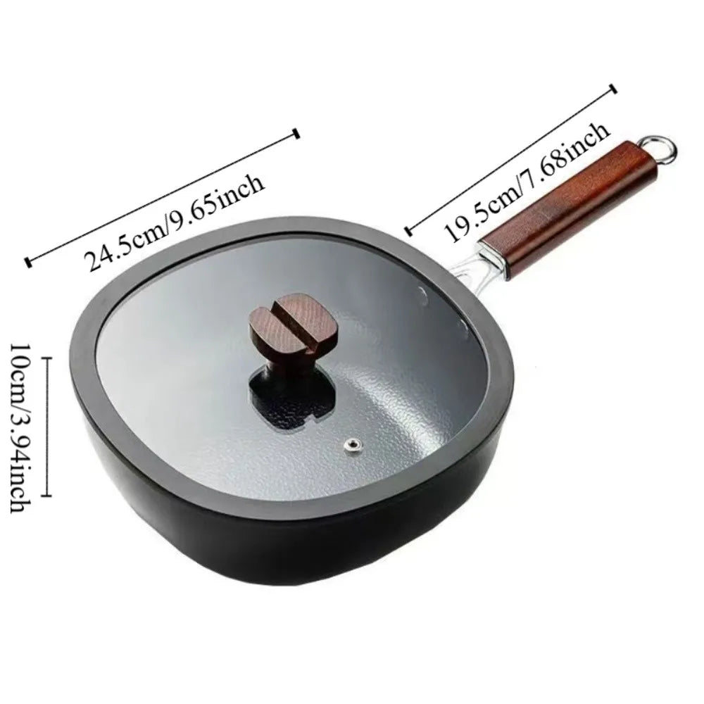 24cm Refined Iron Square Deep Frying Pan with Glass Lid & Wooden Handle – No Coating, Flat Bottom, Deep Wok-Style Stir Fry Pan, Great Cookware for Frying, Boiling, and Stir-Frying