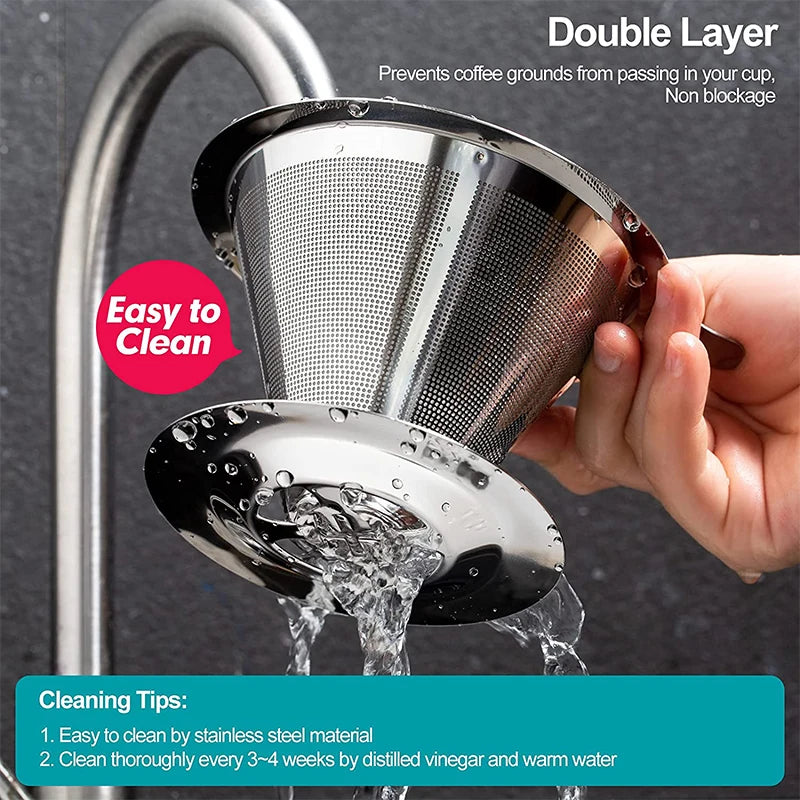 Stainless Steel Reusable Pour Over Coffee Dripper – Paperless Cone Coffee Filter for 1-4 Cups – Great for Fresh Filter Coffee at Home