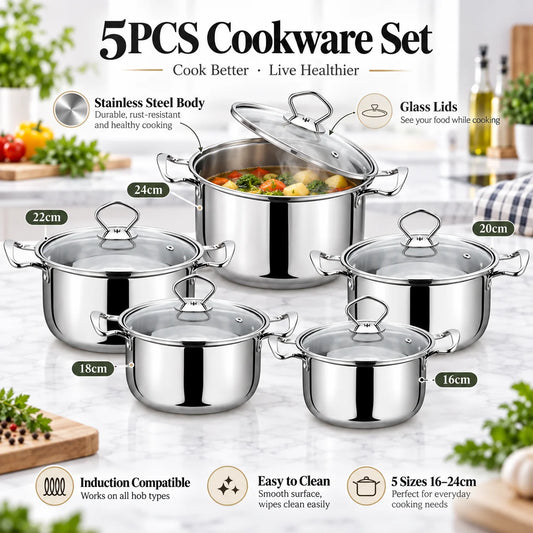 5 Piece Stainless Steel Pot Set with Sealed Glass Lids – Satin-Finish Induction Pots with Inner Scale – Perfect for Soups, Pasta & Vegetables