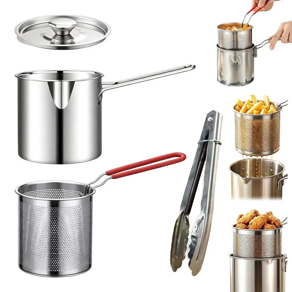 Small Stainless Steel Deep Fryer Pot with Basket, Tongs & Lid – 304 Oil-Saving Chip Pan with Pour Spout – Perfect for Chips, Tempura & Chicken – Available in 4 & 5 Piece Sets