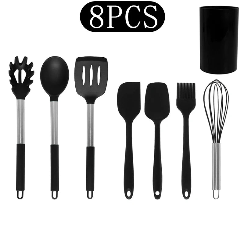 Silicone Kitchen Utensils Set with Stainless Steel Handles – Non-Stick, Heat-Resistant Cooking  Kitchen Utensils for Everyday Cooking & Baking, Available in 4 Colours & Multiple Set Sizes