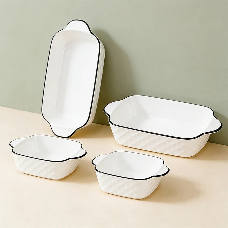 White Ceramic Baking Dish Set with Black Rim & Handles – Diamond Embossed Porcelain, Oven Safe, Great for Au Gratin, Casseroles, and Everyday Baking