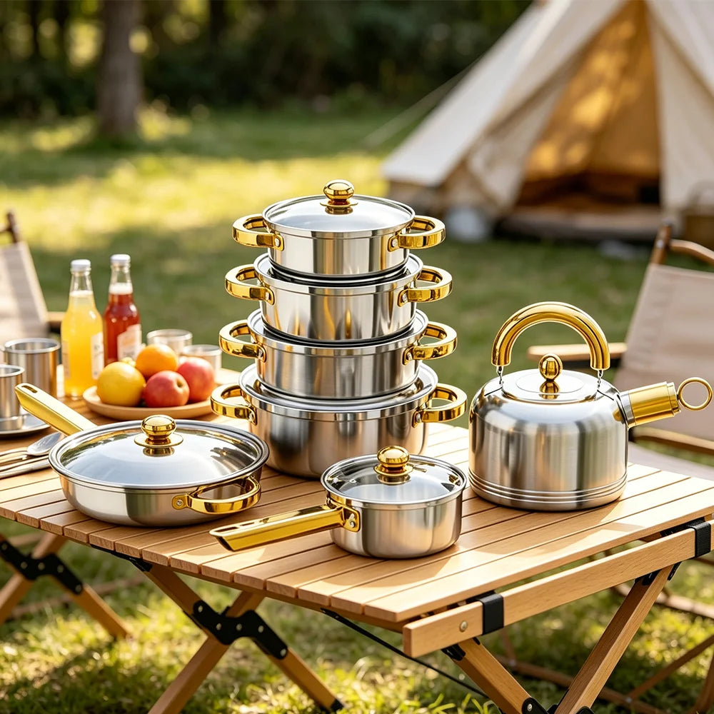 Stainless Steel Cookware Set with Kettle & Non-Stick Pan – Thickened Stockpots 18cm to 24cm with Lids – Ideal for All Hobs – Available in 14 & 17 Piece Sets
