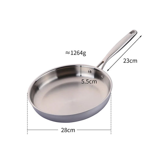 Stainless Steel Frying Pan with Long Handle – Skillet Made from Premium 304 Food-Grade Stainless Steel – Great for Pan-Frying, Searing Steak, Stir-Frying & Daily Meals – Compatible with Induction, Gas & Electric Cooktops –Available in Silver Colour (28cm)