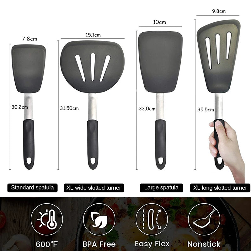 Silicone Turner Spatula Set – Extra Large Wide Flexible Heat Resistant Cooking Turners – Perfect for Flipping Pancakes, Eggs, Fish & Burgers