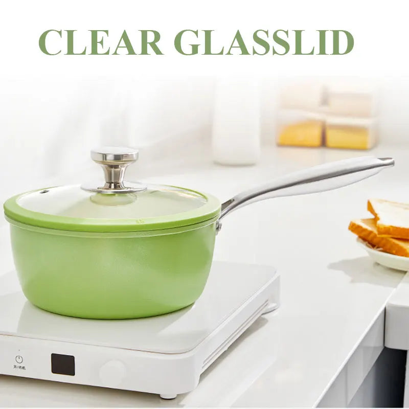 Green Ceramic Non-Stick Saucepan with Glass Lid & Stainless Steel Handle – Compatible with Induction and Gas Stoves, Ideal for Boiling Soup, Making Noodles, and Heating Milk, Available in 18cm/20cm