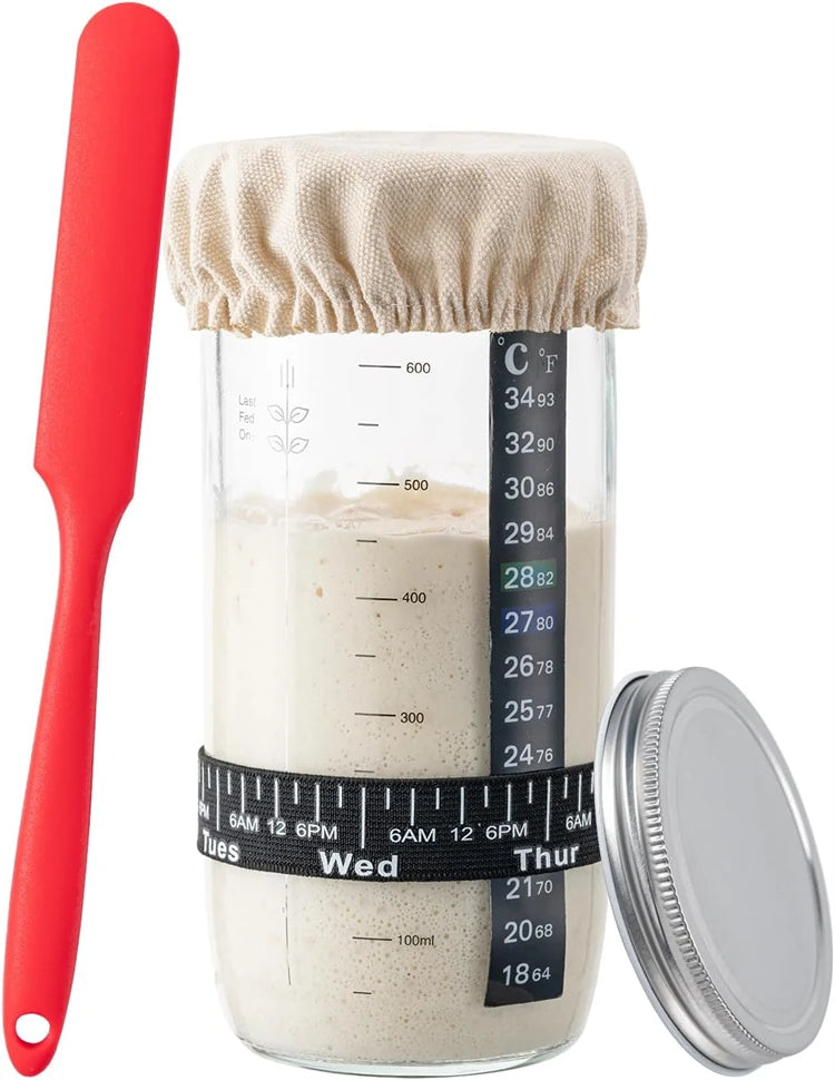 730ml Glass Sourdough Starter Jar Kit – 24oz Fermentation Jar with Date Marked Feeding Band – Great for Homemade Sourdough Bread
