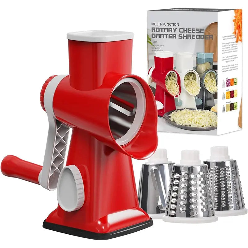 3 in 1 Rotary Cheese Grater – Easy-to-Swap Stainless Steel Interchangeable Rotating Drum Blades for Effortless Slicing, Shredding, and Grating (Available in Grey, White, and Red Colours) Red