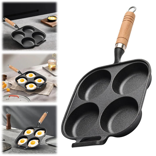4-Hole Cast Iron Pre-Seasoned Frying Pan – Non-Stick Breakfast Skillet with Wooden Handle for Eggs, Pancakes, Burgers & More (Gas & Induction Compatible)