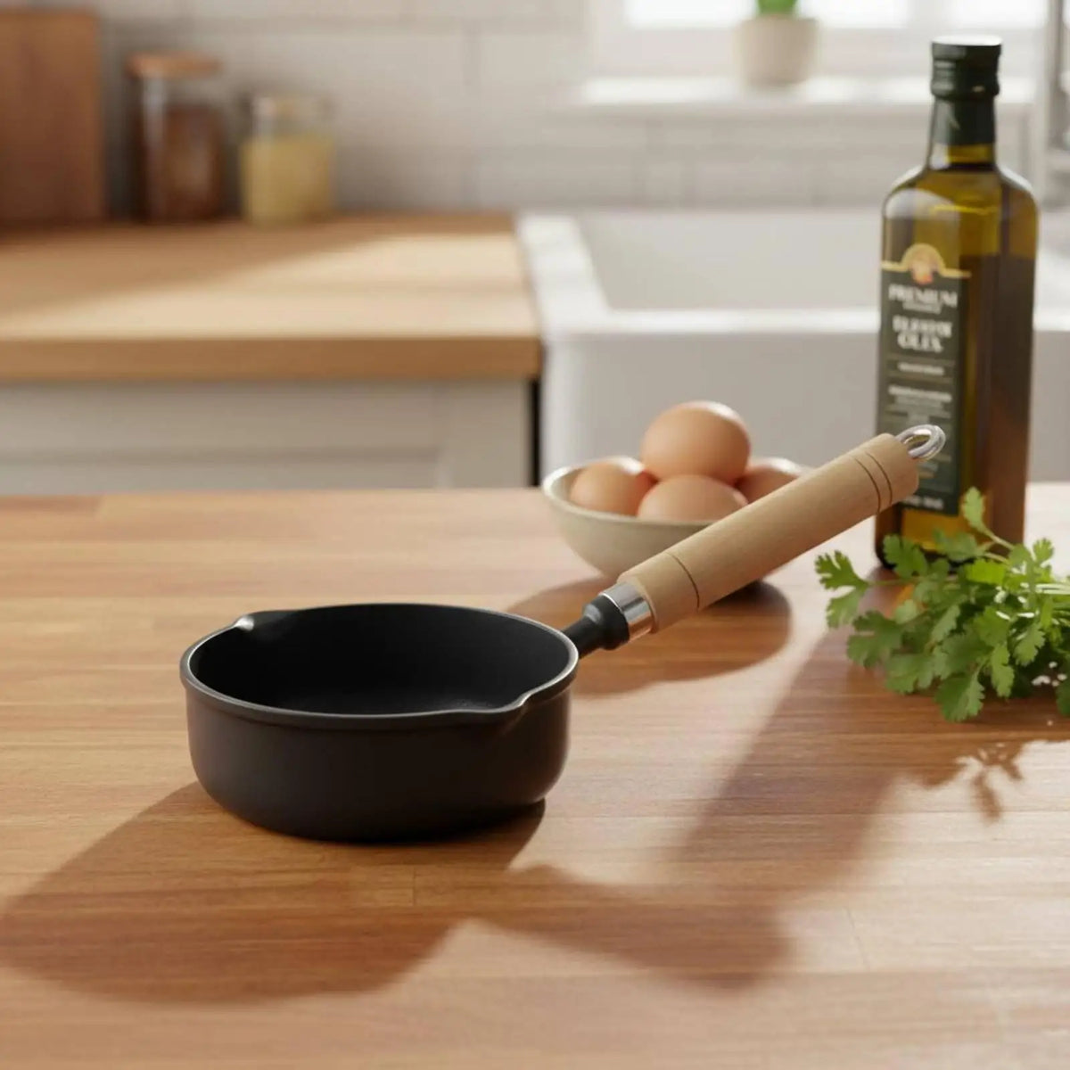 Cast Iron Hot Oil Pouring Pan with Walnut Handle – Deep Uncoated Mini Skillet with Double Spout – Best for Sizzling Oil, Butter & Milk – Available in 11cm, 13cm & 15cm