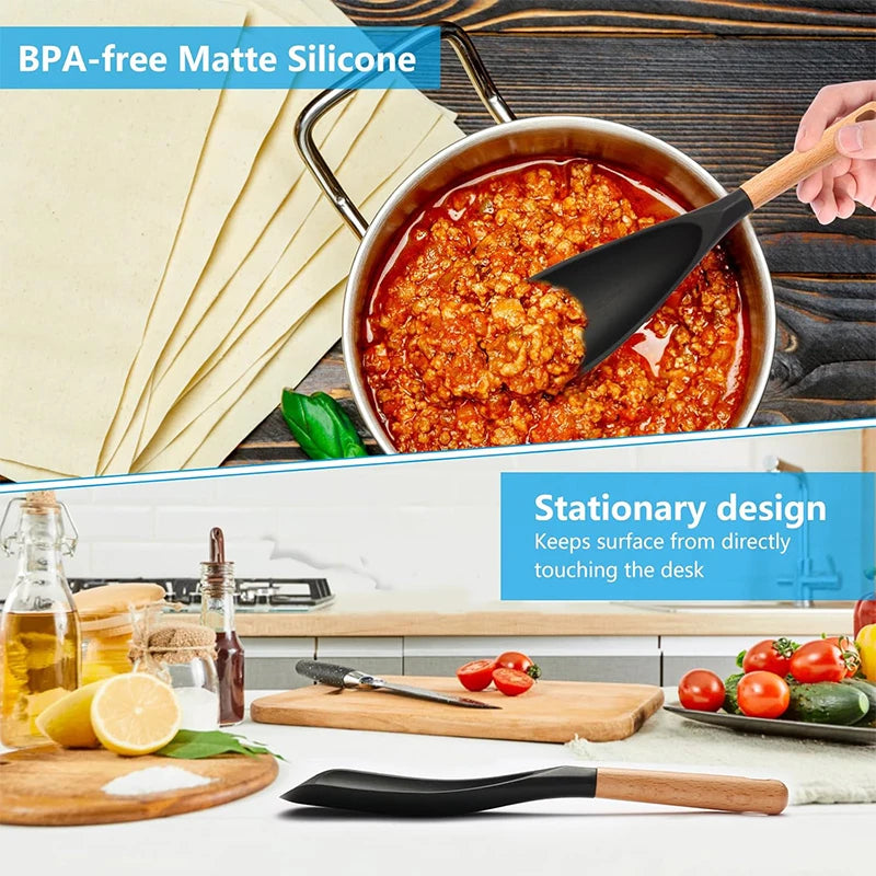Silicone Cooking Spoon with Wooden Handle – Multi-Function Spatula Spoon for Nonstick Cookware – Great for Mixing, Stirring & Serving