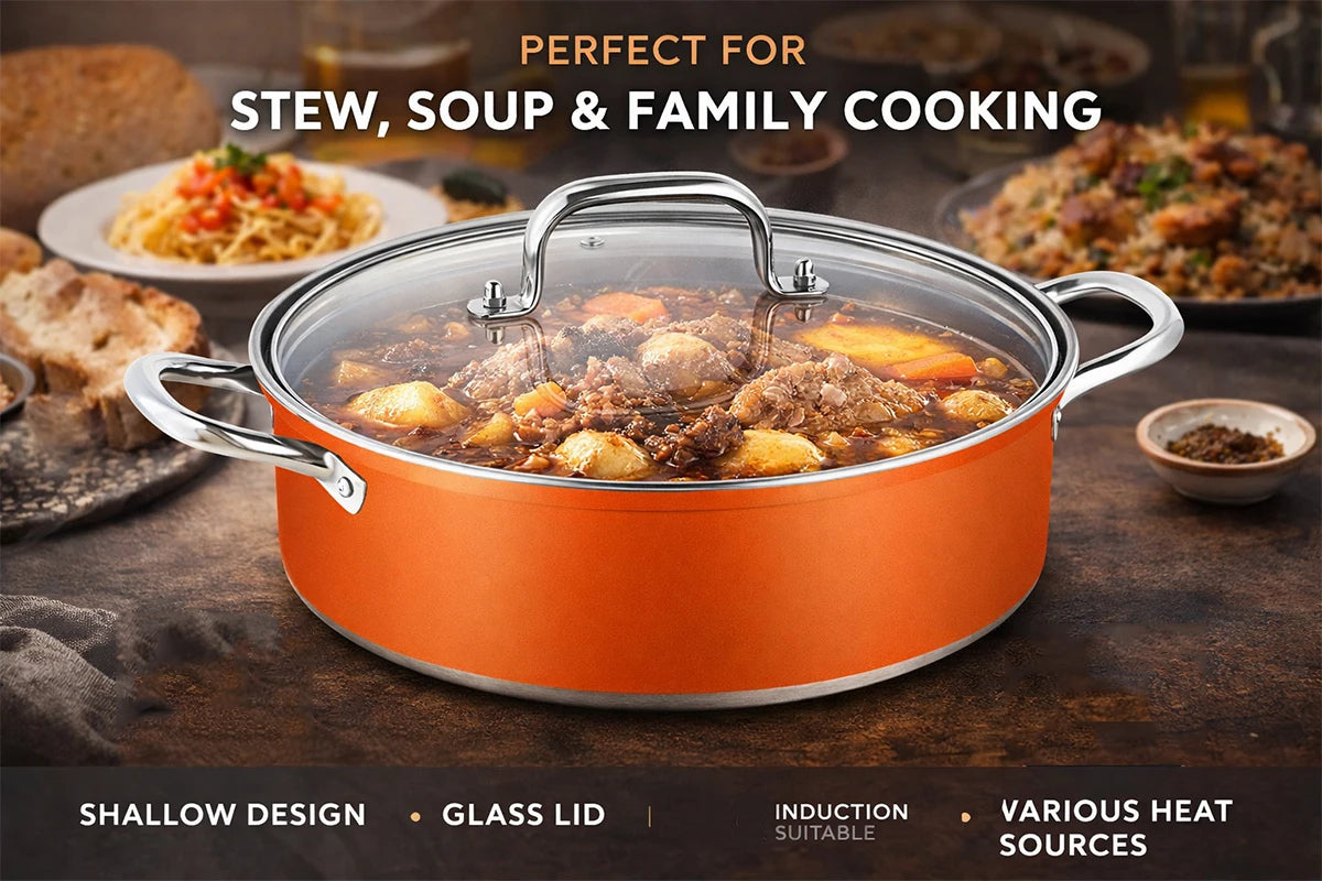 28cm Colorful Stock Pot with Glass Lid Premium Stainless Steel Stew Pot Induction Compatible Thick Cooking Pot for Soup Pasta