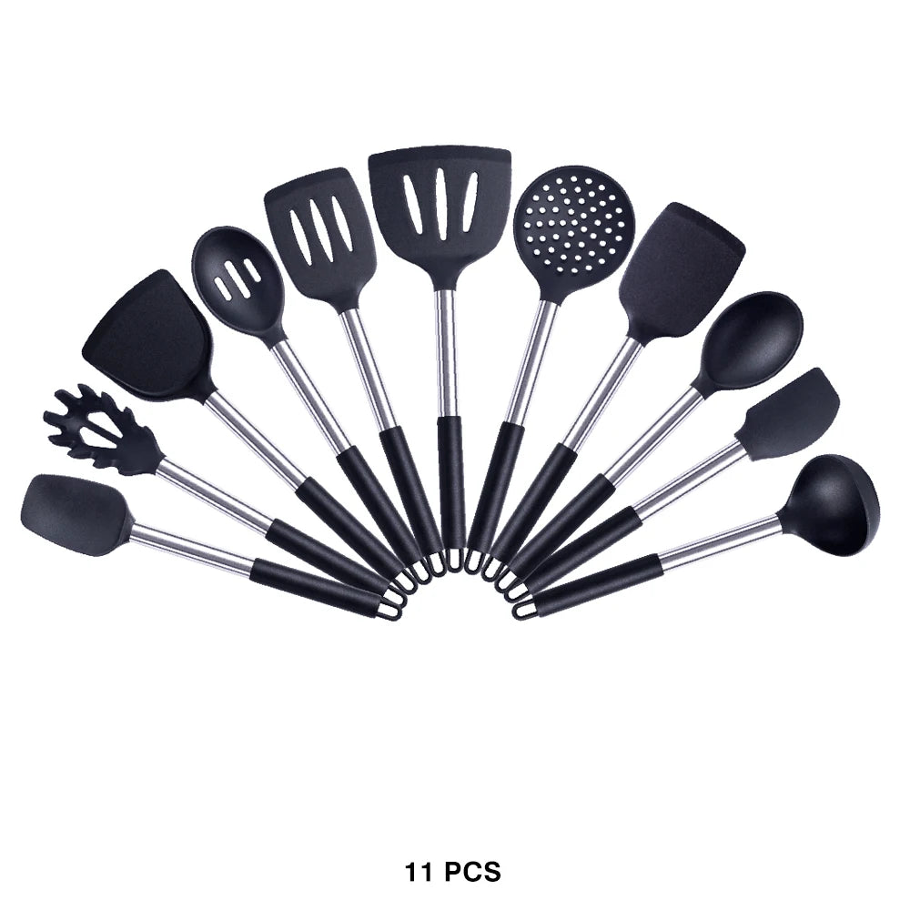 Silicone Kitchen Utensils Set with Stainless Steel Handles – Non-Stick Safe, Heat Resistant | Grey & Black | Available in 5 to 15-Piece Sets