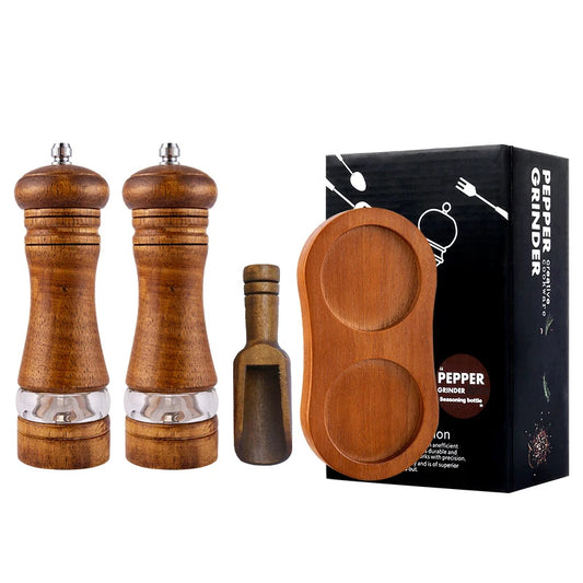 Classic Oak Wood Salt & Pepper Mill Set with Tray – Refillable Manual Spice Grinders – Great for the Dining Table & Kitchen